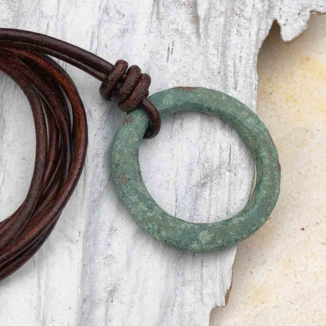 Large Bright Variegated Green Bronze Celtic Ring Money Leather Necklace
