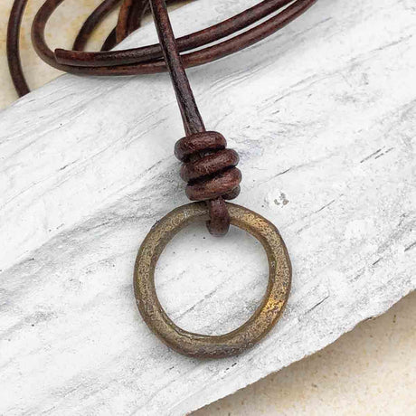 Deep Variegated Bronze Celtic Ring Money Leather Necklace