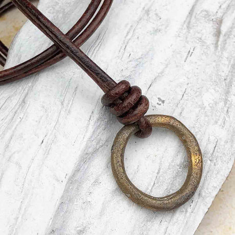 Deep Variegated Bronze Celtic Ring Money Leather Necklace