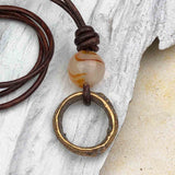 Rare Raised Ridge Golden Bronze and Carnelian Celtic Ring Money Leather Necklace