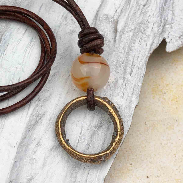 Rare Raised Ridge Golden Bronze and Carnelian Celtic Ring Money Leather Necklace