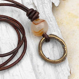 Rare Raised Ridge Golden Bronze and Carnelian Celtic Ring Money Leather Necklace