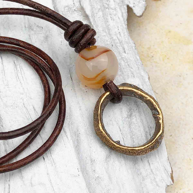 Rare Raised Ridge Golden Bronze and Carnelian Celtic Ring Money Leather Necklace