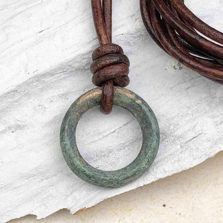 Green to Gold Rare Raised Ridge Bronze Celtic Ring Money Leather Necklace