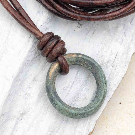 Green to Gold Rare Raised Ridge Bronze Celtic Ring Money Leather Necklace
