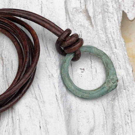 Light Green Rare Raised Ridge Bronze Celtic Ring Money Leather Necklace