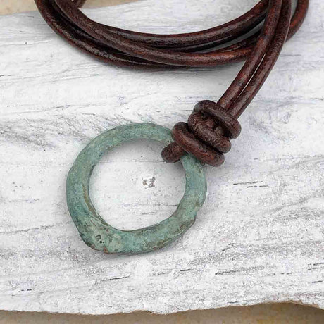 Light Green Rare Raised Ridge Bronze Celtic Ring Money Leather Necklace