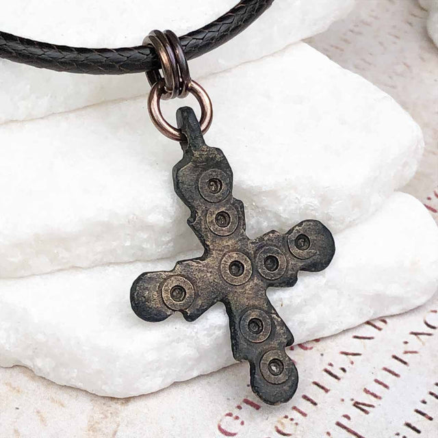 Medieval Byzantine Devotional Five Wounds of Christ Bronze Cross Necklace circa 1,000 AD