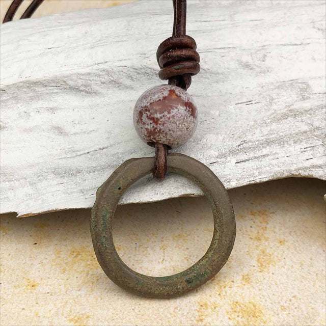 Variegated Green Bronze Celtic Ring Money and Fancy Jasper Leather Necklace