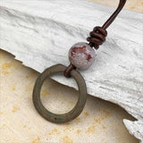 Variegated Green Bronze Celtic Ring Money and Fancy Jasper Leather Necklace