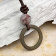 Variegated Green Bronze Celtic Ring Money and Fancy Jasper Leather Necklace