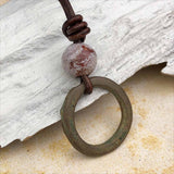 Variegated Green Bronze Celtic Ring Money and Fancy Jasper Leather Necklace