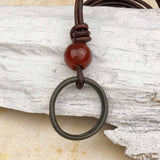Deep Green Bronze Celtic Ring Money and Carnelian Leather Necklace