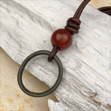 Deep Green Bronze Celtic Ring Money and Carnelian Leather Necklace