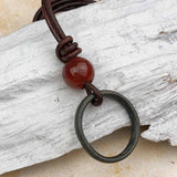Deep Green Bronze Celtic Ring Money and Carnelian Leather Necklace
