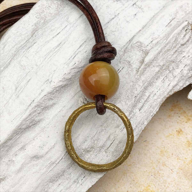Bright Light Golden Bronze and Fancy Jasper Celtic Ring Money Leather Necklace