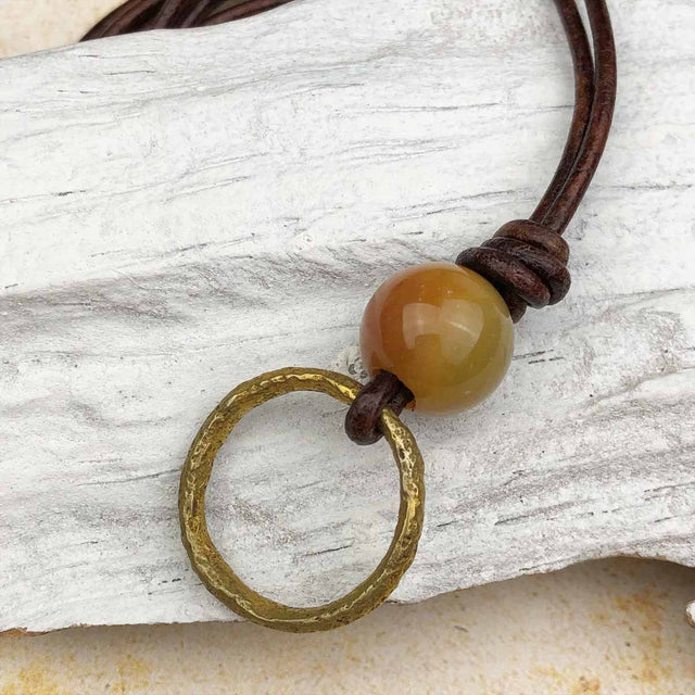 Bright Light Golden Bronze and Fancy Jasper Celtic Ring Money Leather Necklace