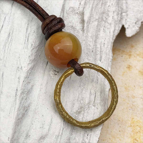 Bright Light Golden Bronze and Fancy Jasper Celtic Ring Money Leather Necklace