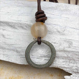 Light Green Bronze Celtic Ring Money and Carnelian Leather Necklace