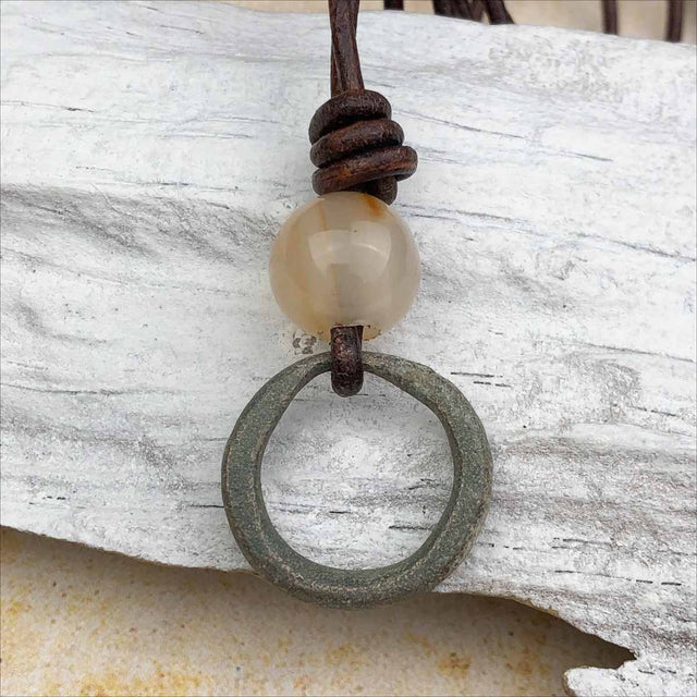 Light Green Bronze Celtic Ring Money and Carnelian Leather Necklace