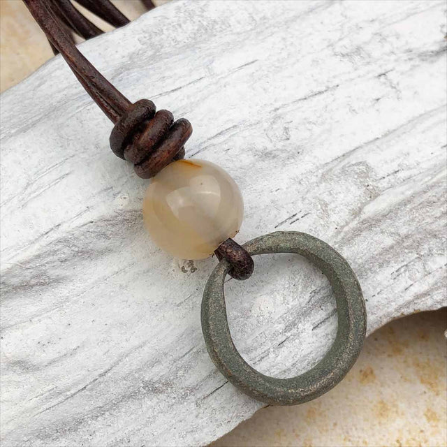 Light Green Bronze Celtic Ring Money and Carnelian Leather Necklace
