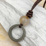 Light Green Bronze Celtic Ring Money and Carnelian Leather Necklace