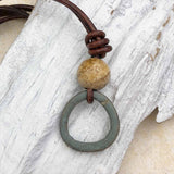 Smooth Light Green Bronze and Picture Jasper Celtic Ring Money Leather Necklace