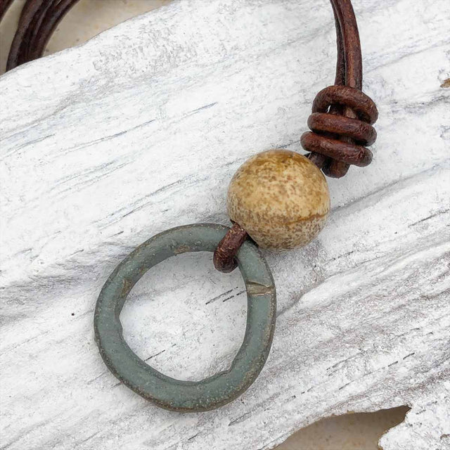 Smooth Light Green Bronze and Picture Jasper Celtic Ring Money Leather Necklace