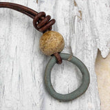 Smooth Light Green Bronze and Picture Jasper Celtic Ring Money Leather Necklace