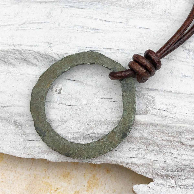 Large Variegated Green Bronze Celtic Ring Money Leather Necklace