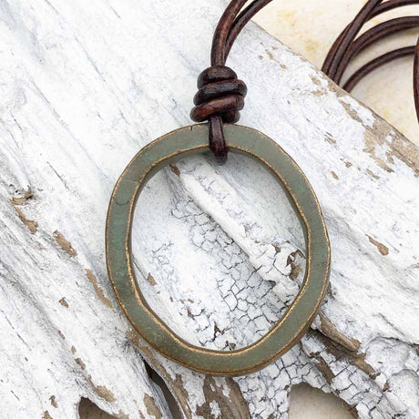 Huge Green Glint Bronze Oval Celtic Ring Money Leather Necklace