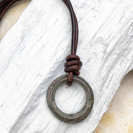 Green Glow Rare Raised Ridge Bronze Celtic Ring Money Leather Necklace