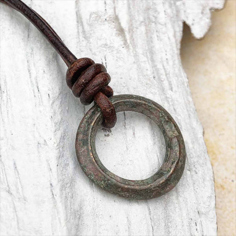 Green Glow Rare Raised Ridge Bronze Celtic Ring Money Leather Necklace