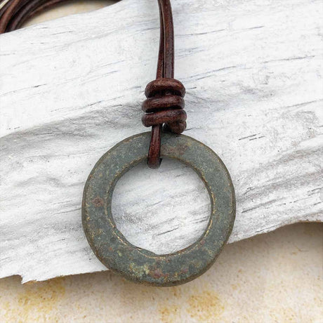 Large Flat Light to Dark Green Bronze Celtic Ring Money Leather Necklace