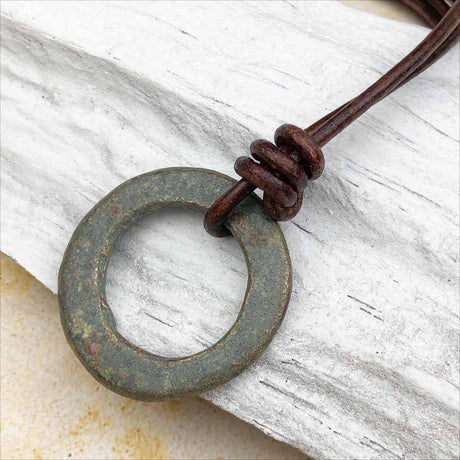 Large Flat Light to Dark Green Bronze Celtic Ring Money Leather Necklace