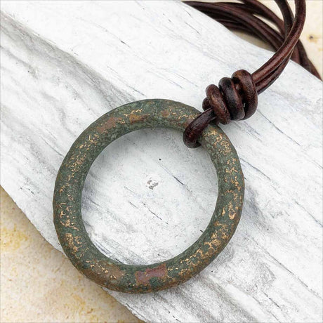 Huge Glistening Green Bronze Oval Celtic Ring Money Leather Necklace