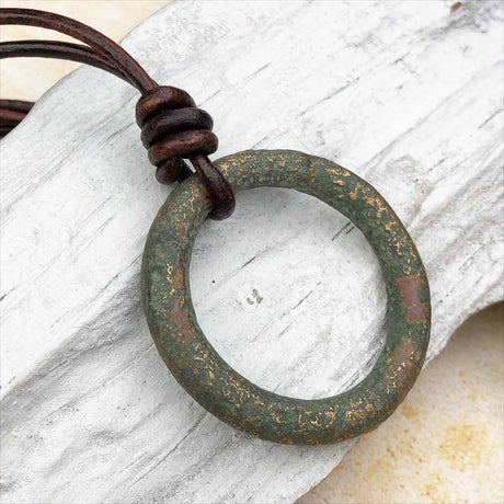 Huge Glistening Green Bronze Oval Celtic Ring Money Leather Necklace