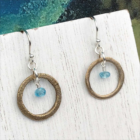 Bright Golden Bronze Celtic Ring Money Earrings with Genuine Apatite