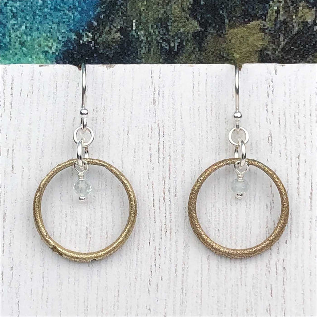Lightest Golden Bronze Celtic Ring Money Earrings with Genuine Aquamarine