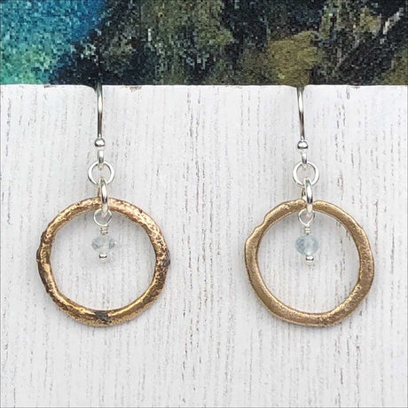 Golden Flecked Bronze Celtic Ring Money Earrings with Genuine Aquamarine