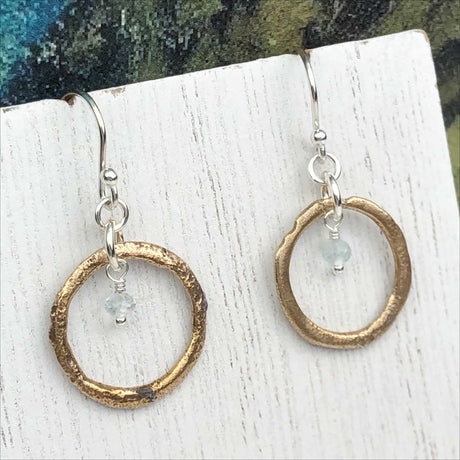 Golden Flecked Bronze Celtic Ring Money Earrings with Genuine Aquamarine