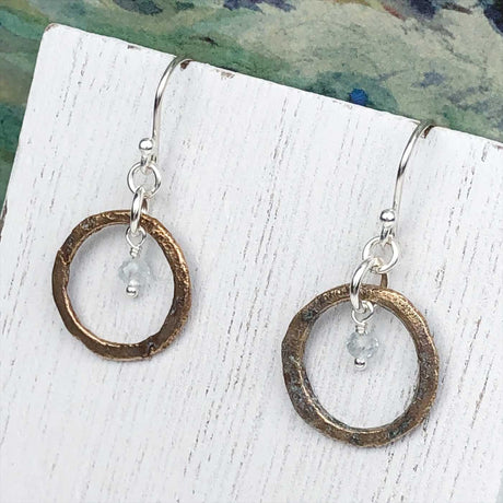 Deep Red Bronze Celtic Ring Money Earrings with Genuine Aquamarine