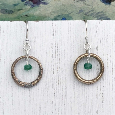 Rich Red Bronze Celtic Ring Money Earrings with Genuine Emerald