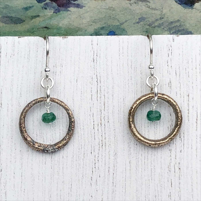 Rich Red Bronze Celtic Ring Money Earrings with Genuine Emerald