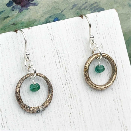 Rich Red Bronze Celtic Ring Money Earrings with Genuine Emerald