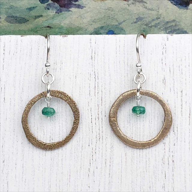 Glowing Red Bronze Celtic Ring Money Earrings with Genuine Emerald