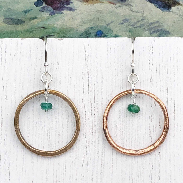 Bright Red Golden Bronze Celtic Ring Money Earrings with Genuine Emerald