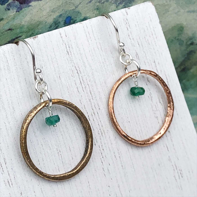 Bright Red Golden Bronze Celtic Ring Money Earrings with Genuine Emerald