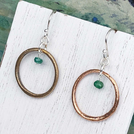 Bright Red Golden Bronze Celtic Ring Money Earrings with Genuine Emerald