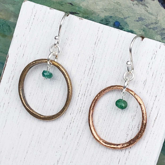 Bright Red Golden Bronze Celtic Ring Money Earrings with Genuine Emerald